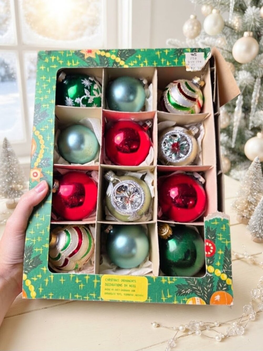 Vintage Glass Christmas Ornaments Set in box